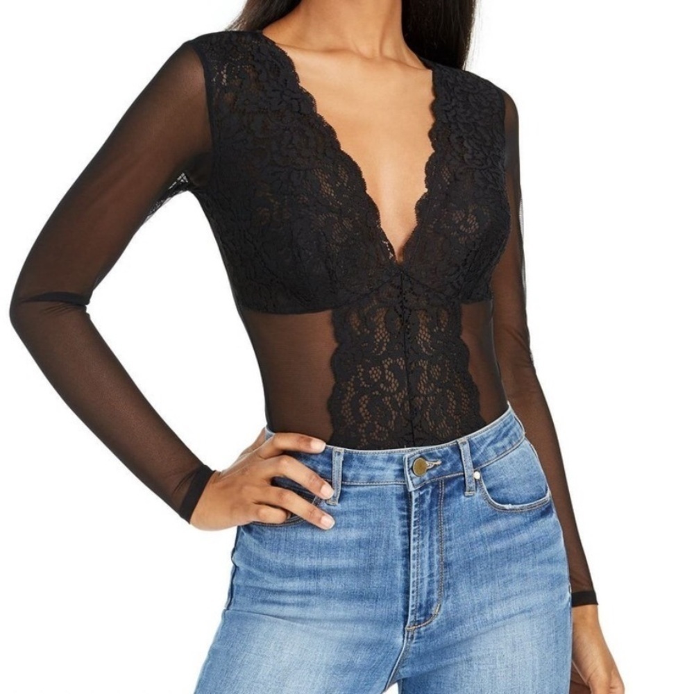 INC International Concepts Sheer Black Long Sleeve Lace Bodysuit (S) NWOT - Picture 3 of 6